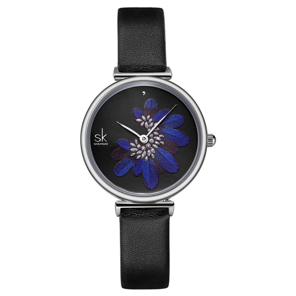 Shengke Sk K0123 Bladeren Patroon Kristallen Bloemen Vrouwelijke Mode Elegante Dames Dames Lederen Quartz Horloge