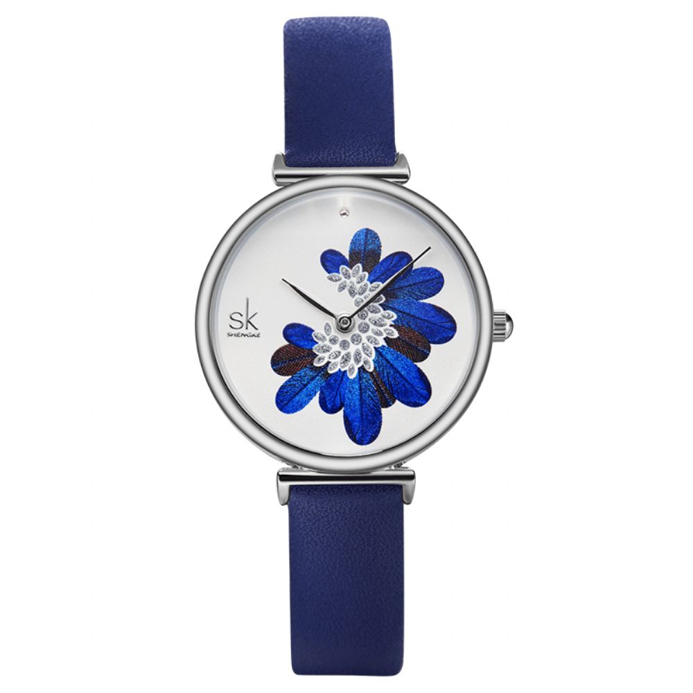 Shengke Sk K0123 Bladeren Patroon Kristallen Bloemen Vrouwelijke Mode Elegante Dames Dames Lederen Quartz Horloge