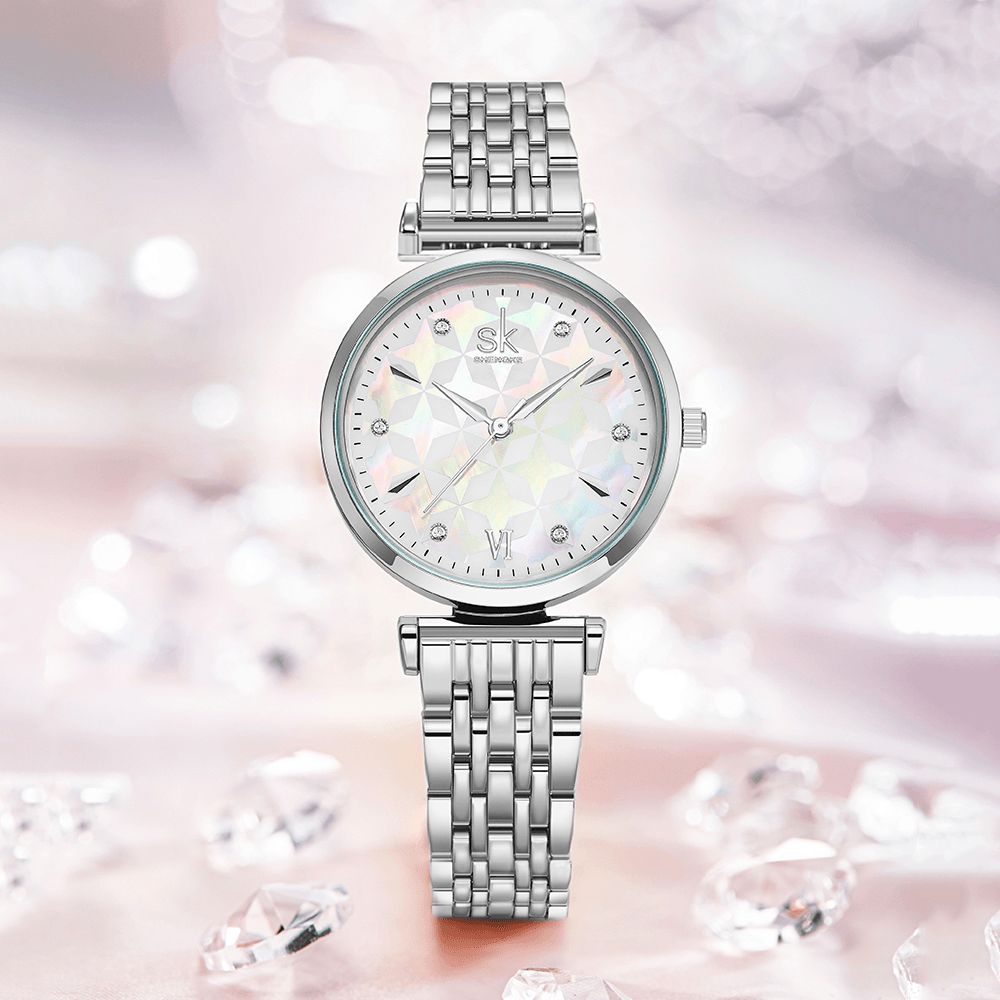 Shengke Sk K0136 Crystal Dial Flower Pattern Roestvrij Staal Dames Jurk Dames Quartz Horloge