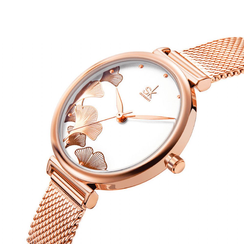 Shengke Sk K0139 Elegant Ginkgo Pattern Full Meatl Dameshorloge Dames Jurk Quartz Horloge