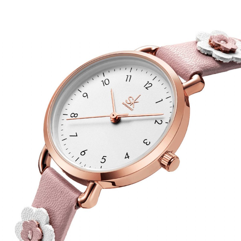 Shengke Sk K9019 Damesmode Bloem Lederen Band Eenvoudige Wijzerplaat Quartz Horloge