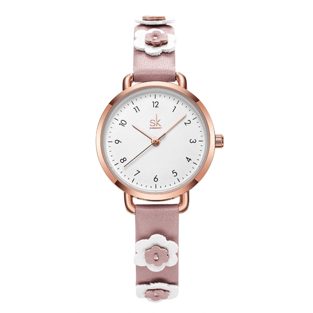 Shengke Sk K9019 Damesmode Bloem Lederen Band Eenvoudige Wijzerplaat Quartz Horloge