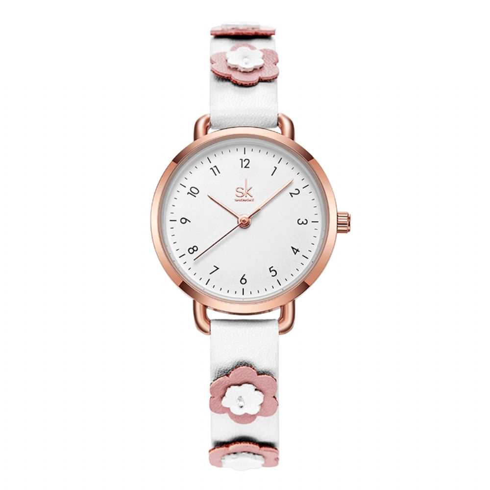 Shengke Sk K9019 Damesmode Bloem Lederen Band Eenvoudige Wijzerplaat Quartz Horloge