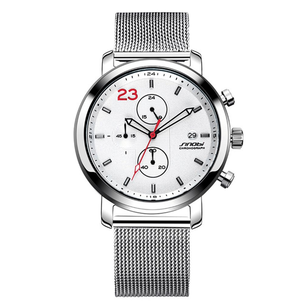 Sinobi 9765 Chronograaf Casual Stijl Heren Polshorloge Mesh Stalen Band Quartz Horloges