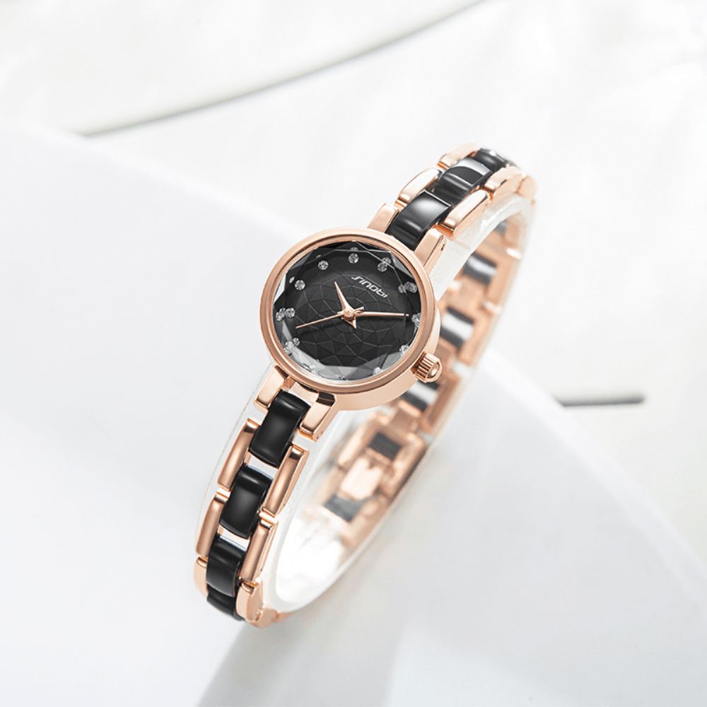 Sinobi 9836 Dames Simple Three-Pin Crytal Diamonds Dial Mode Keramische Stalen Band Quartz Horloge