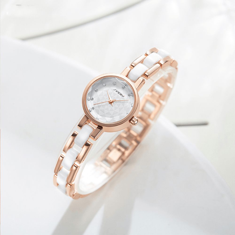 Sinobi 9836 Dames Simple Three-Pin Crytal Diamonds Dial Mode Keramische Stalen Band Quartz Horloge