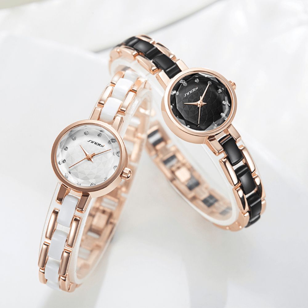 Sinobi 9836 Dames Simple Three-Pin Crytal Diamonds Dial Mode Keramische Stalen Band Quartz Horloge