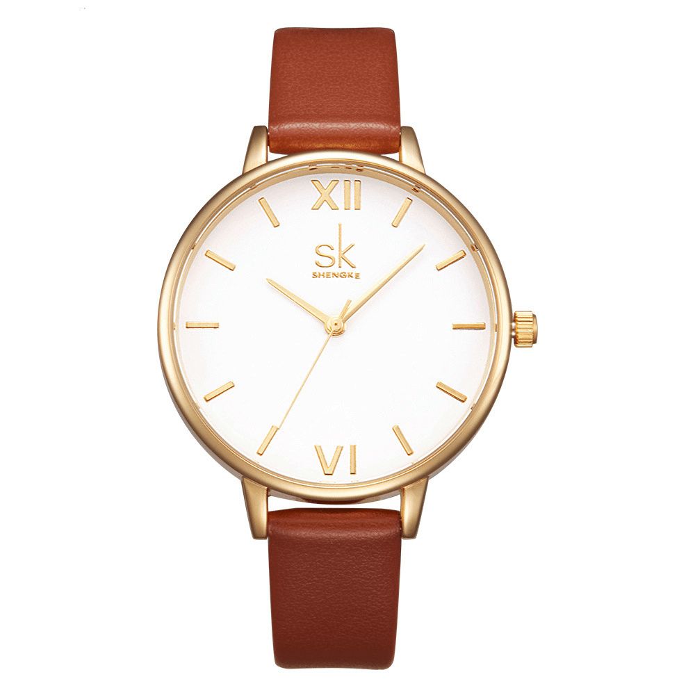 Sk K0056 Eenvoudig Ontwerp Dames Polshorloge Casual Stijl Lederen Band Quartz Horloges