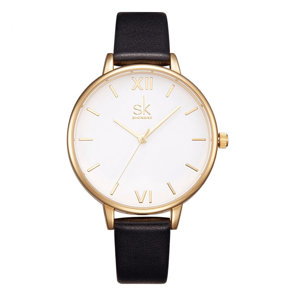 Sk K0056 Eenvoudig Ontwerp Dames Polshorloge Casual Stijl Lederen Band Quartz Horloges