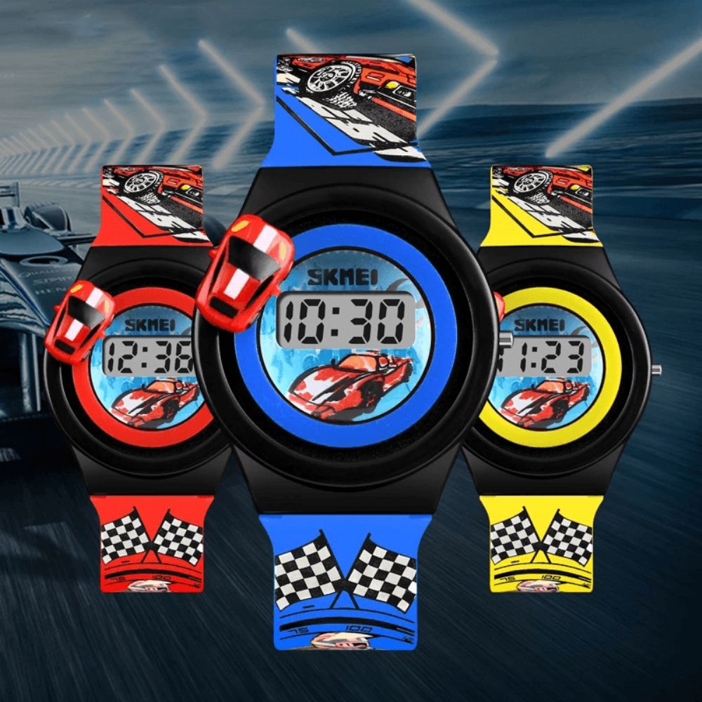 Skmei 1376 Creatieve Cartoon Kinderen Horloge Met Roterende Auto Decoratie Sport Kids Digitale Horloges