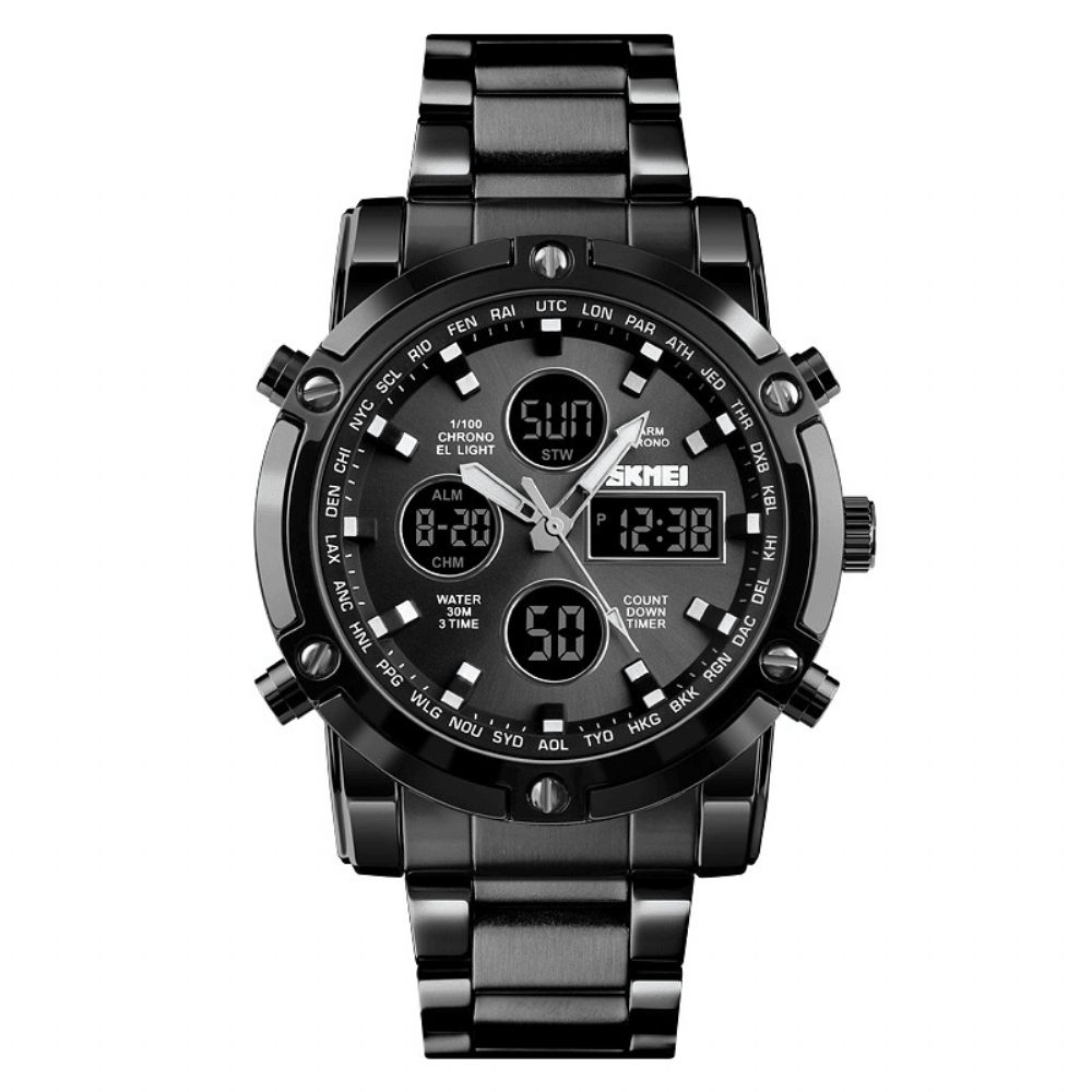 Skmei 1389 Zakelijke Stijl Multifunctionele Grote Wijzerplaat Quartz Horloge Waterdicht Stalen Band Heren Polshorloge