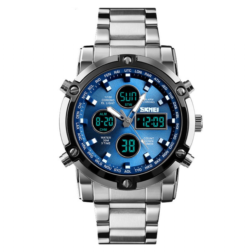 Skmei 1389 Zakelijke Stijl Multifunctionele Grote Wijzerplaat Quartz Horloge Waterdicht Stalen Band Heren Polshorloge