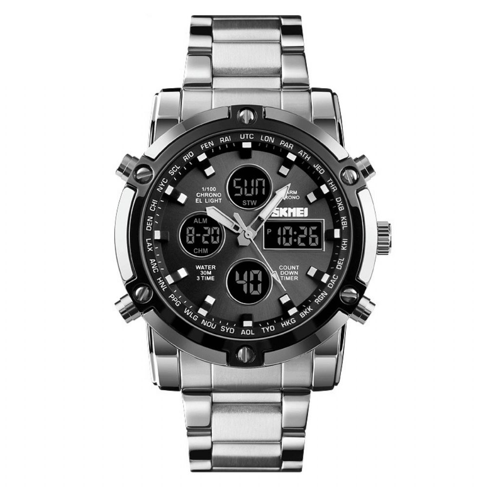 Skmei 1389 Zakelijke Stijl Multifunctionele Grote Wijzerplaat Quartz Horloge Waterdicht Stalen Band Heren Polshorloge