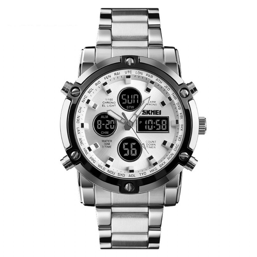 Skmei 1389 Zakelijke Stijl Multifunctionele Grote Wijzerplaat Quartz Horloge Waterdicht Stalen Band Heren Polshorloge