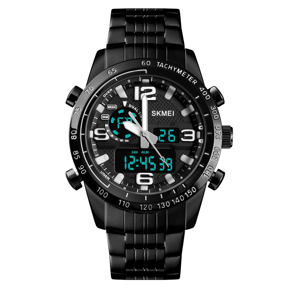 Skmei 1453 Luxe Heren Stopwatch Kalender Sport Roestvrij Staal Dual Display Digitaal Horloge