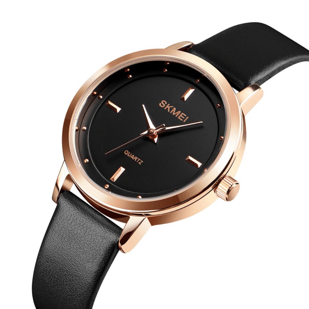 Skmei 1457 Damesmode Eenvoudige Wijzerplaat Rose Gold Case Lederen Band Quartz Horloge