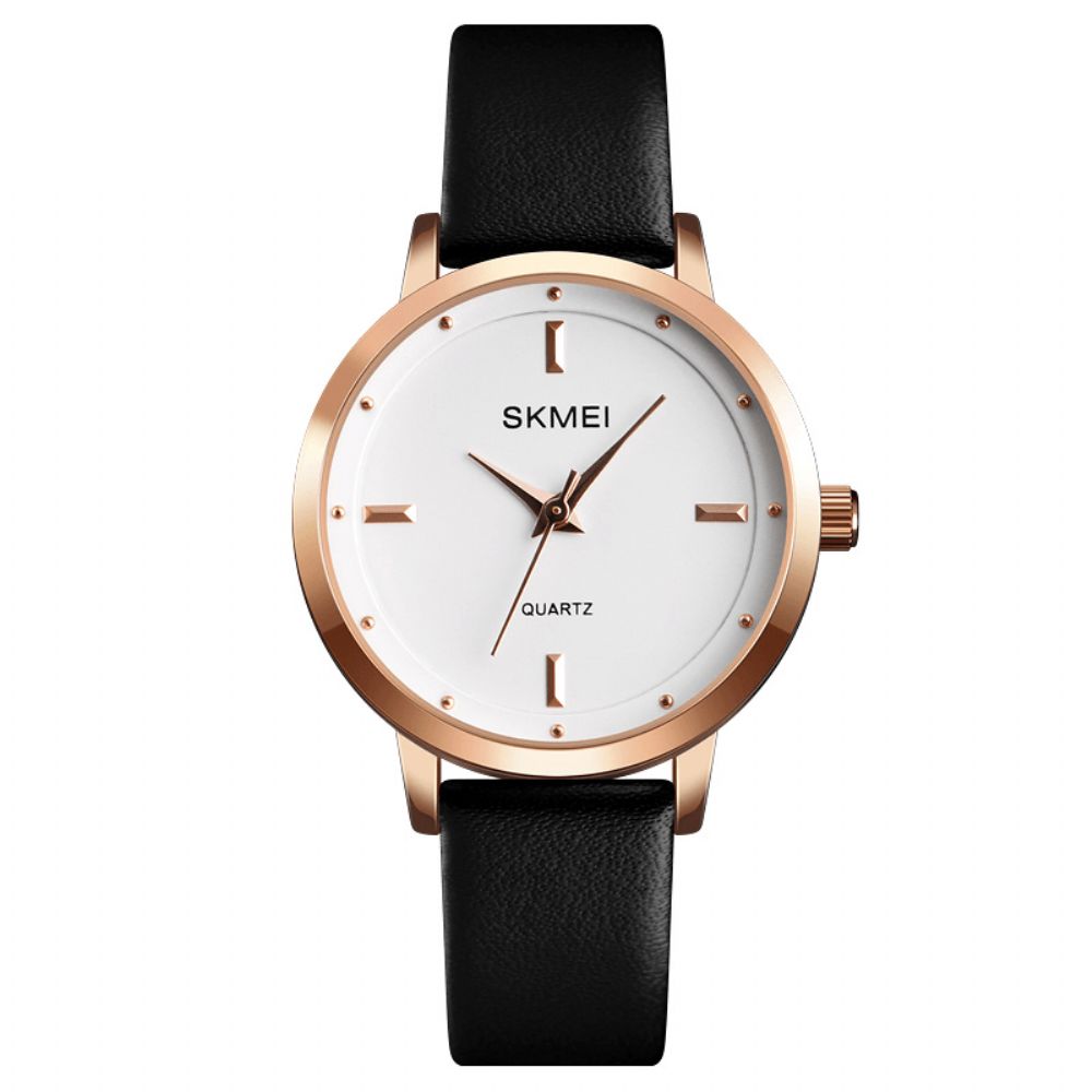 Skmei 1457 Damesmode Eenvoudige Wijzerplaat Rose Gold Case Lederen Band Quartz Horloge