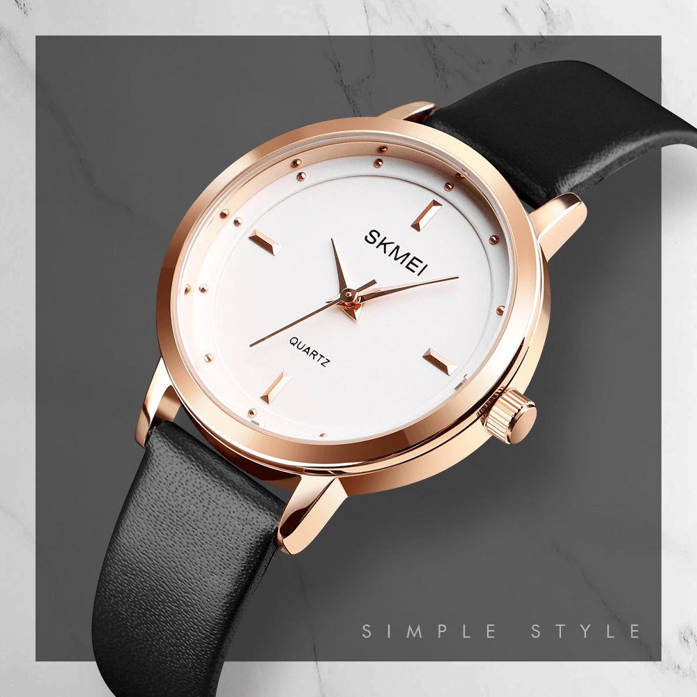 Skmei 1457 Damesmode Eenvoudige Wijzerplaat Rose Gold Case Lederen Band Quartz Horloge