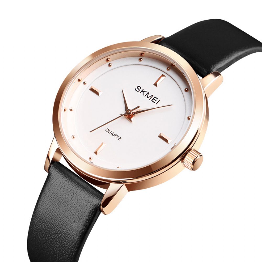 Skmei 1457 Damesmode Eenvoudige Wijzerplaat Rose Gold Case Lederen Band Quartz Horloge