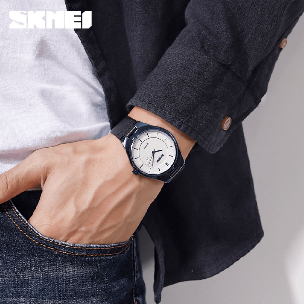 Skmei 1575 Ultradunne Casual Stijl Heren Polshorloge Datumweergave Waterdicht Quartz Horloge