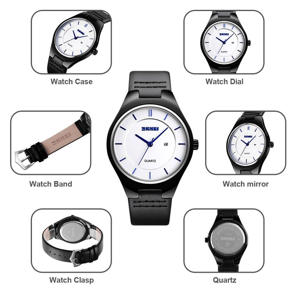 Skmei 1575 Ultradunne Casual Stijl Heren Polshorloge Datumweergave Waterdicht Quartz Horloge