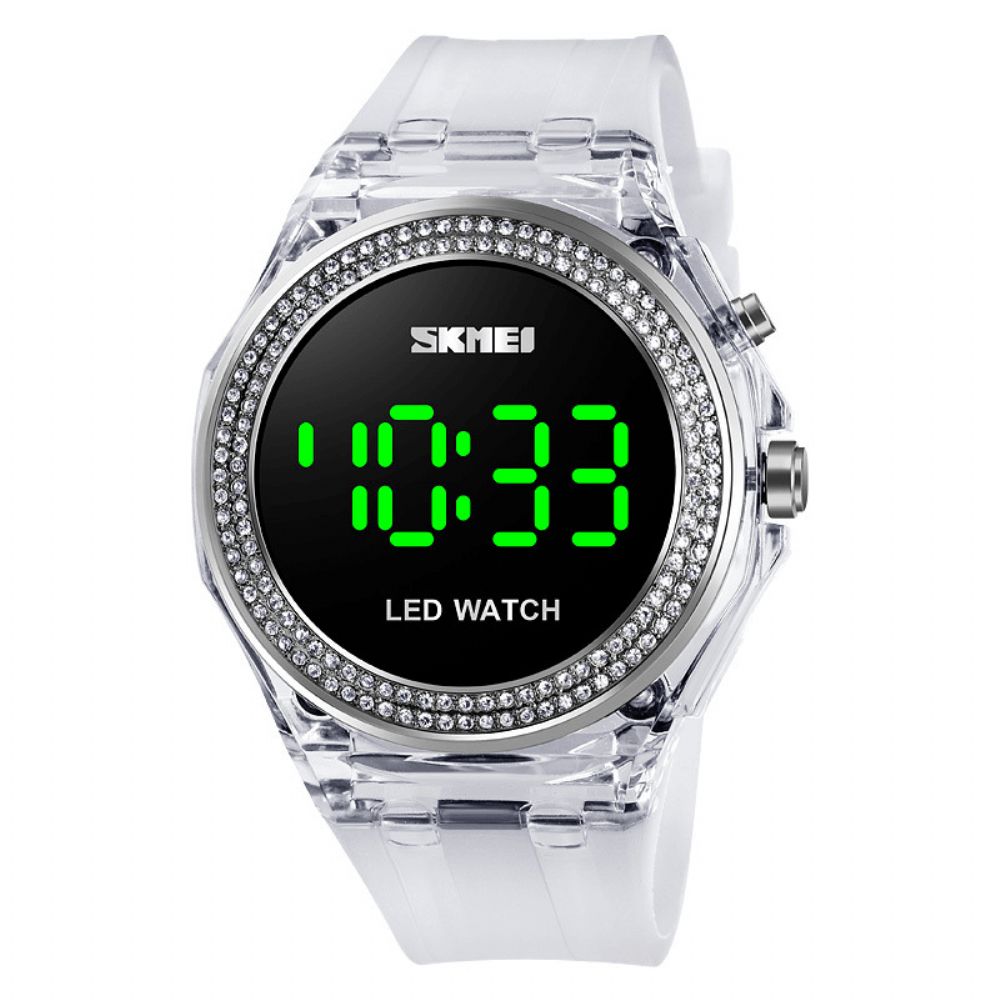 Skmei 1597 Mode Dameshorloge Diamanten Wijzerplaat Transparante Pu-Band Lichtgevende Display Dame Digitaal Horloge