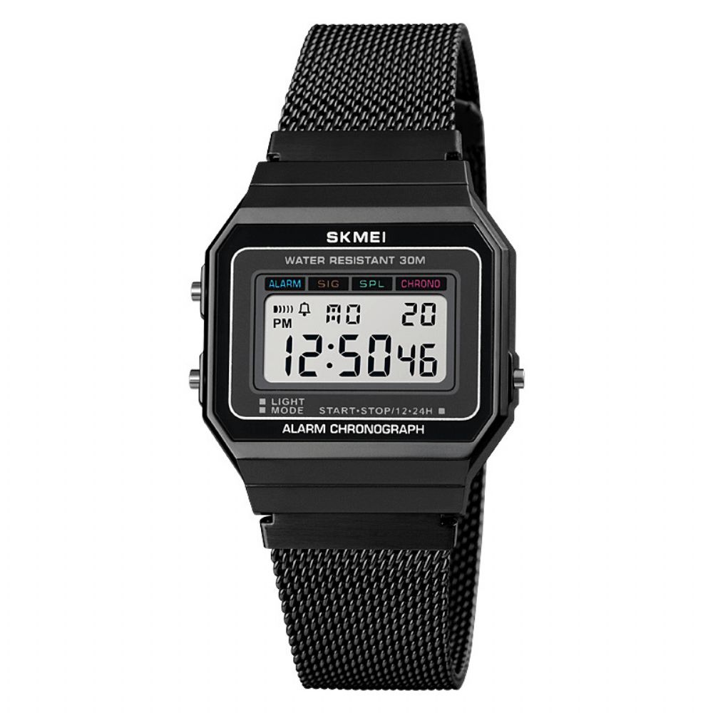 Skmei 1639 Mode Herenhorloge Datum Weekweergave Stopwatch Waterdicht Led Licht Zakelijk Mesh Riem Digitaal Horloge