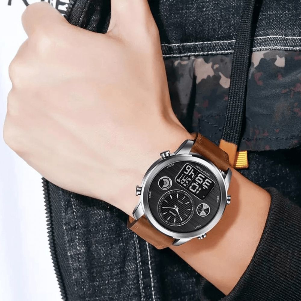 Skmei 1653 Mode Heren Digitaal Horloge Datum Week Lichtgevende Display Stopwatch Countdown Lederen Band Dual Display Horloge