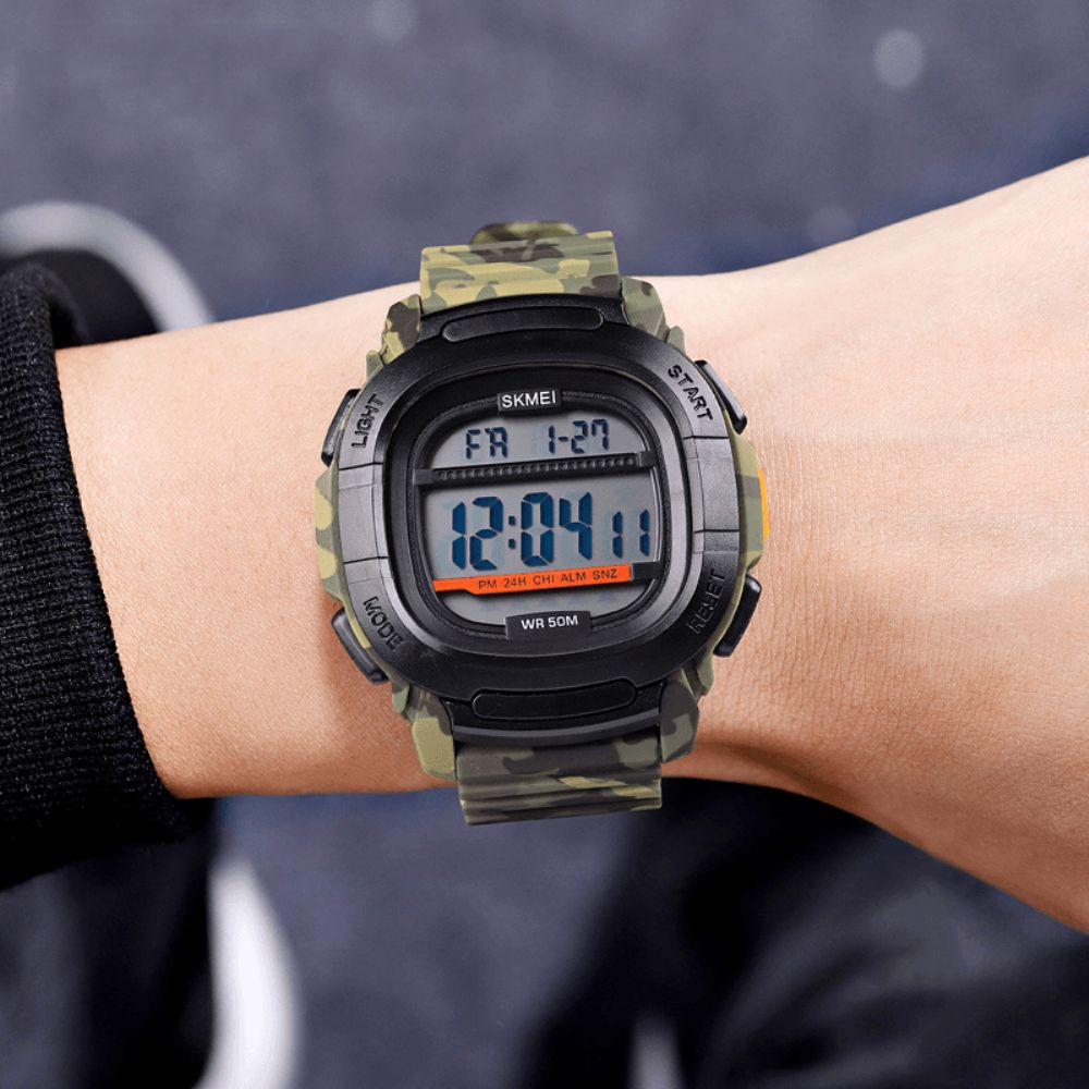 Skmei 1657 Sport Herenhorloge Datum Weekweergave 5Atm Waterdicht Stopwatch Countdown Led Licht Outdoor Digitaal Horloge