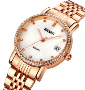 Skmei 1830 Mode Elegante Strass Decoratie Shell Patroon Wijzerplaat Roestvrij Stalen Band 3Atm Waterdicht Vrouwelijk Quartz Horloge