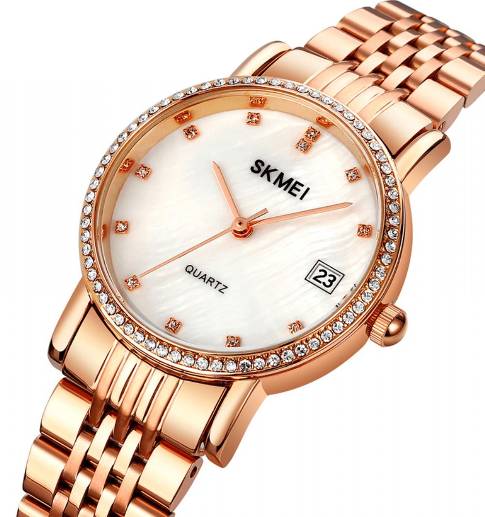 Skmei 1830 Mode Elegante Strass Decoratie Shell Patroon Wijzerplaat Roestvrij Stalen Band 3Atm Waterdicht Vrouwelijk Quartz Horloge