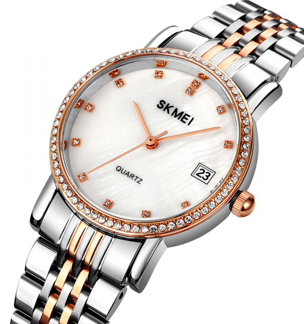 Skmei 1830 Mode Elegante Strass Decoratie Shell Patroon Wijzerplaat Roestvrij Stalen Band 3Atm Waterdicht Vrouwelijk Quartz Horloge