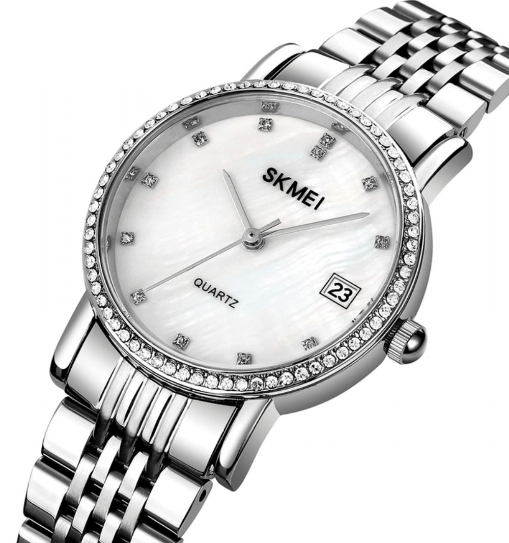 Skmei 1830 Mode Elegante Strass Decoratie Shell Patroon Wijzerplaat Roestvrij Stalen Band 3Atm Waterdicht Vrouwelijk Quartz Horloge