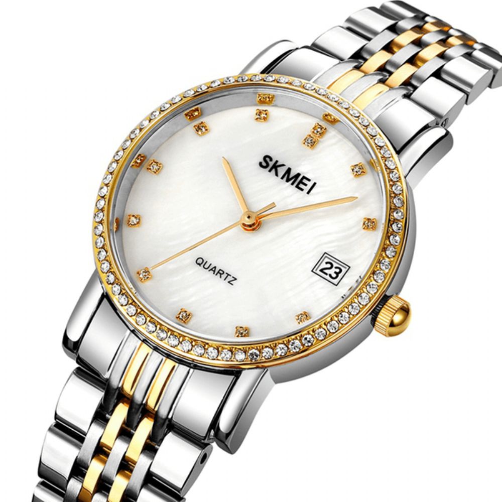 Skmei 1830 Mode Elegante Strass Decoratie Shell Patroon Wijzerplaat Roestvrij Stalen Band 3Atm Waterdicht Vrouwelijk Quartz Horloge