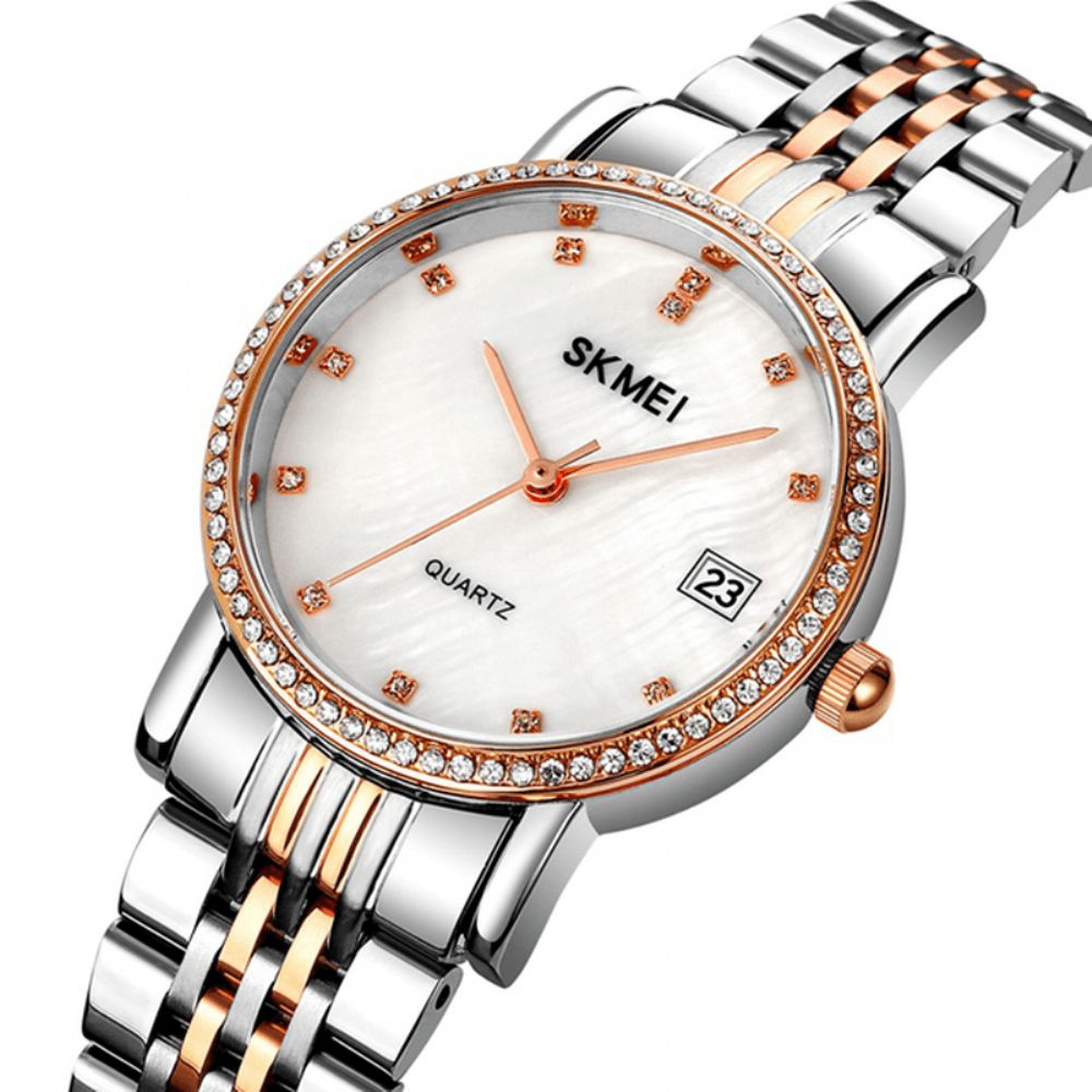 Skmei 1830 Mode Elegante Strass Decoratie Shell Patroon Wijzerplaat Roestvrij Stalen Band 3Atm Waterdicht Vrouwelijk Quartz Horloge