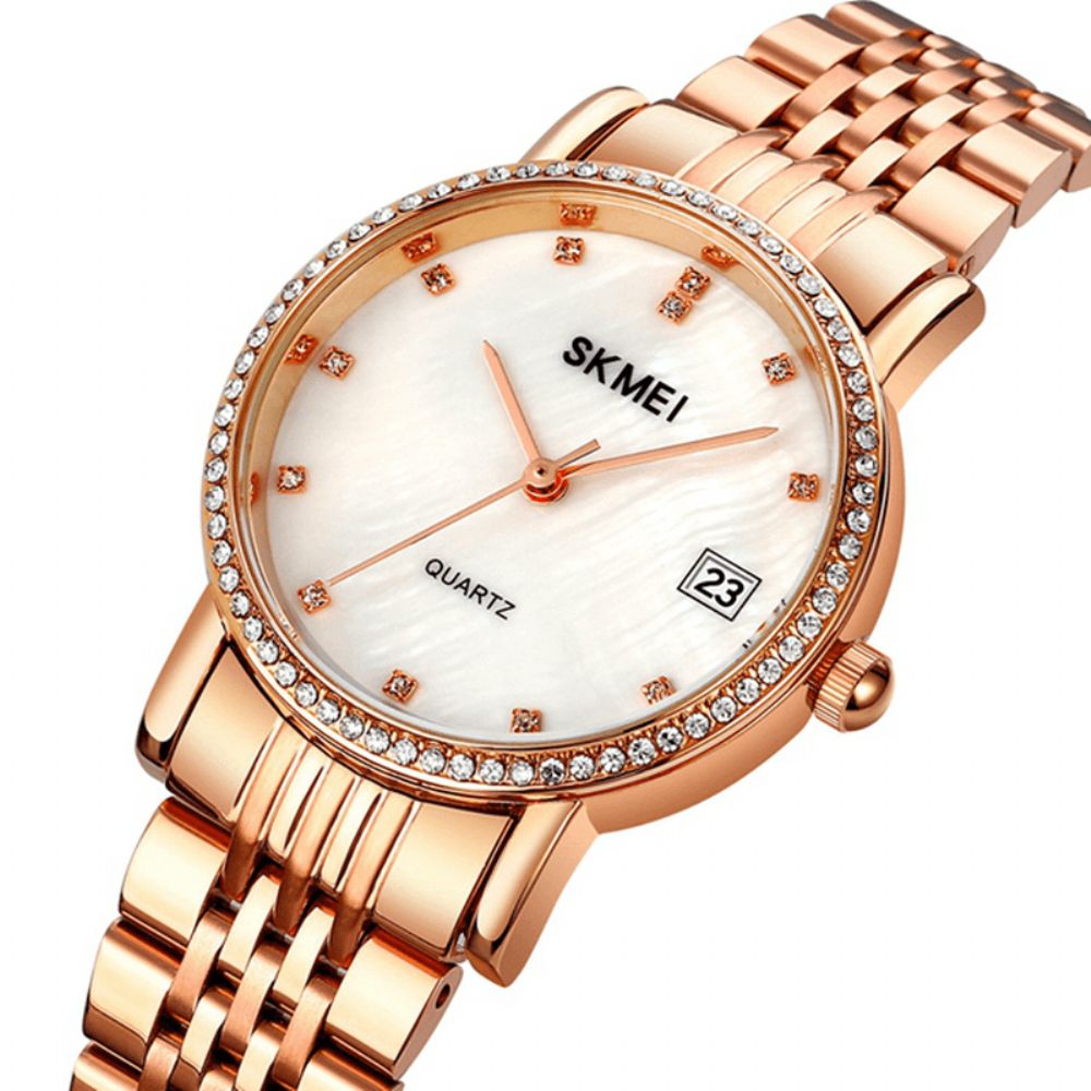 Skmei 1830 Mode Elegante Strass Decoratie Shell Patroon Wijzerplaat Roestvrij Stalen Band 3Atm Waterdicht Vrouwelijk Quartz Horloge