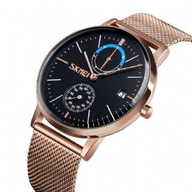 Skmei 9182 Zakelijke Stijl Ronde Spiegel Mesh Stalen Band Week Datumweergave Heren Horloge Quartz Horloge