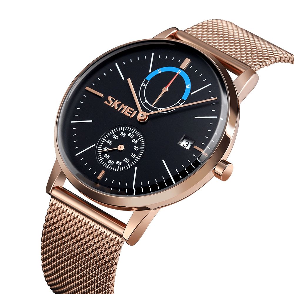 Skmei 9182 Zakelijke Stijl Ronde Spiegel Mesh Stalen Band Week Datumweergave Heren Horloge Quartz Horloge