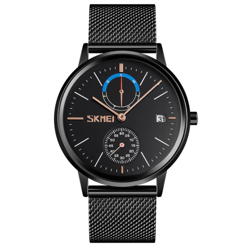 Skmei 9182 Zakelijke Stijl Ronde Spiegel Mesh Stalen Band Week Datumweergave Heren Horloge Quartz Horloge