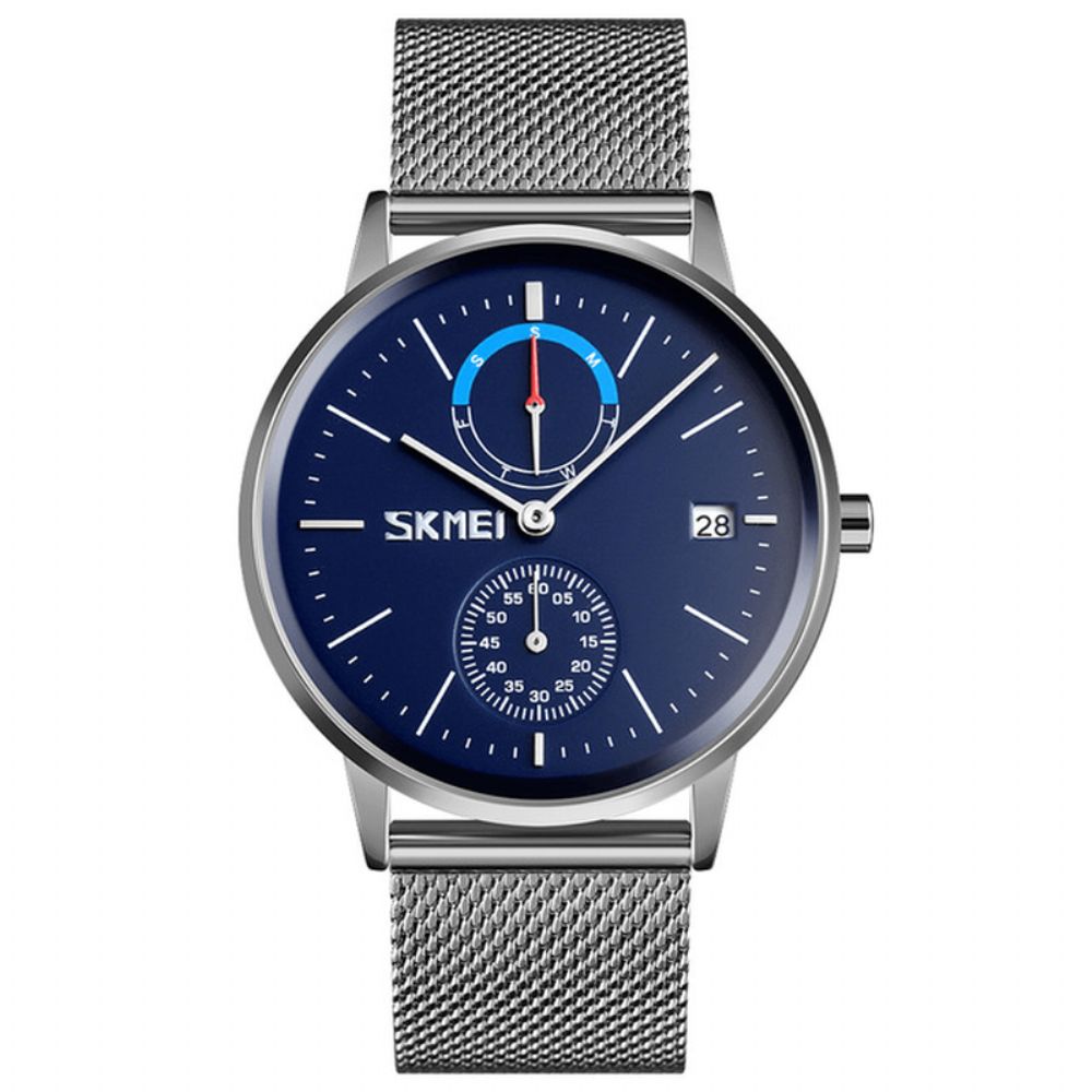 Skmei 9182 Zakelijke Stijl Ronde Spiegel Mesh Stalen Band Week Datumweergave Heren Horloge Quartz Horloge