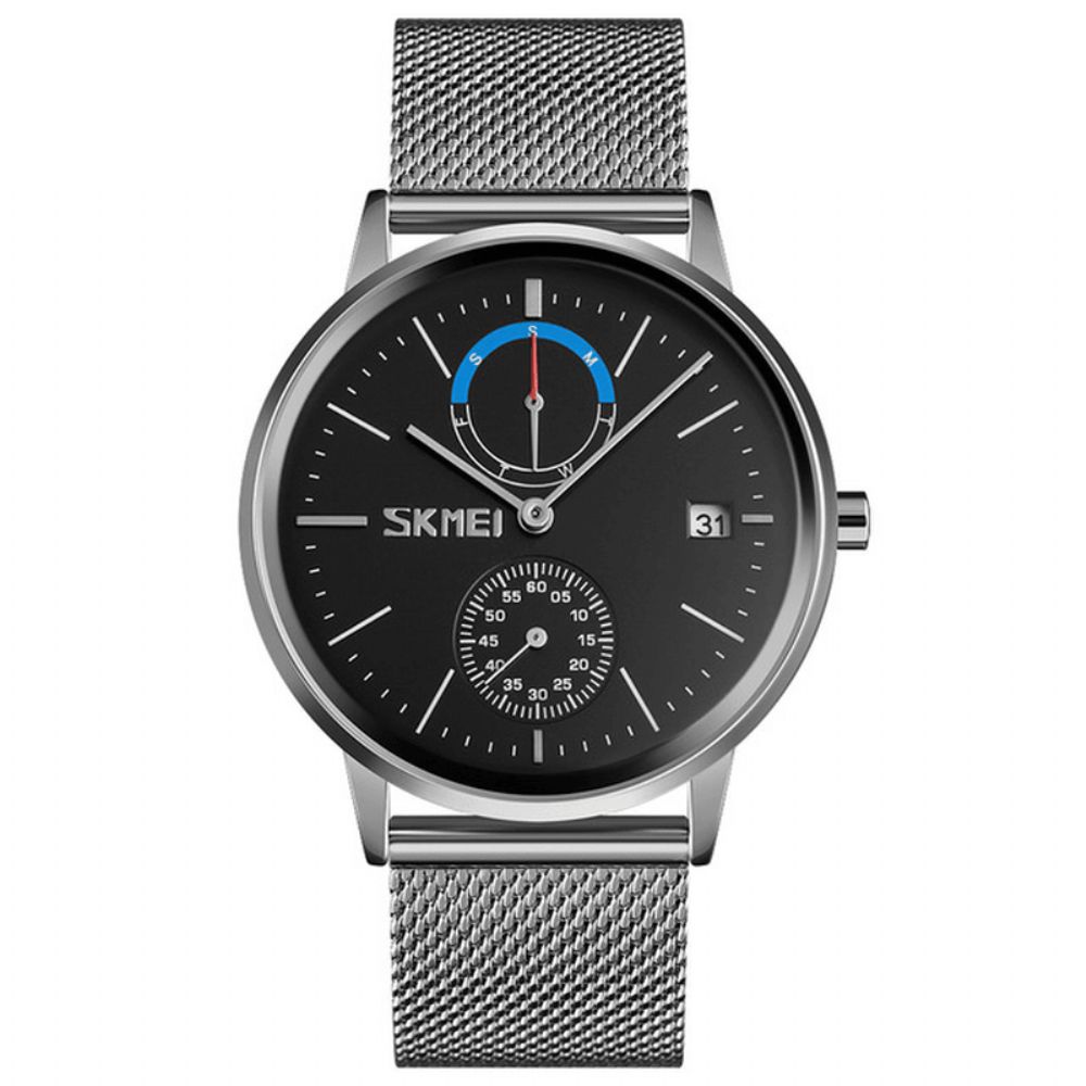 Skmei 9182 Zakelijke Stijl Ronde Spiegel Mesh Stalen Band Week Datumweergave Heren Horloge Quartz Horloge