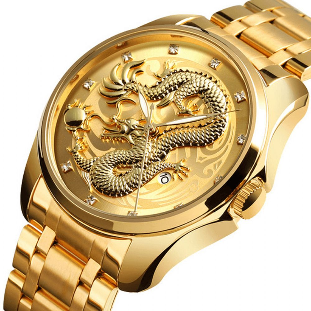 Skmei 9193 Luxe Chinese Draakpatroon Gouden Waterdicht Herenhorloge Kwartshorloge