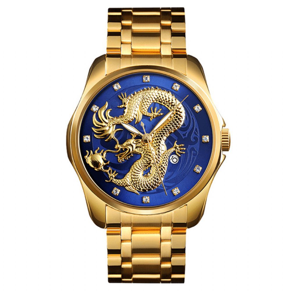 Skmei 9193 Luxe Chinese Draakpatroon Gouden Waterdicht Herenhorloge Kwartshorloge