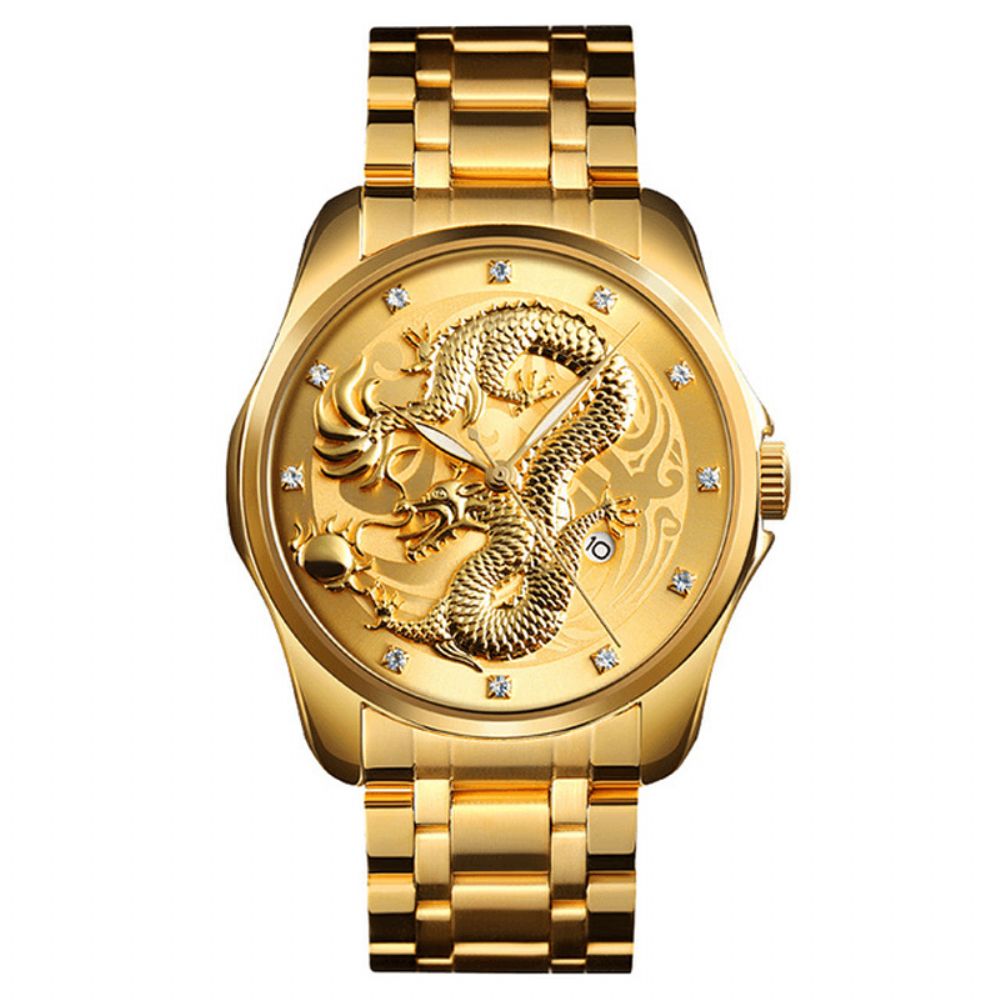 Skmei 9193 Luxe Chinese Draakpatroon Gouden Waterdicht Herenhorloge Kwartshorloge