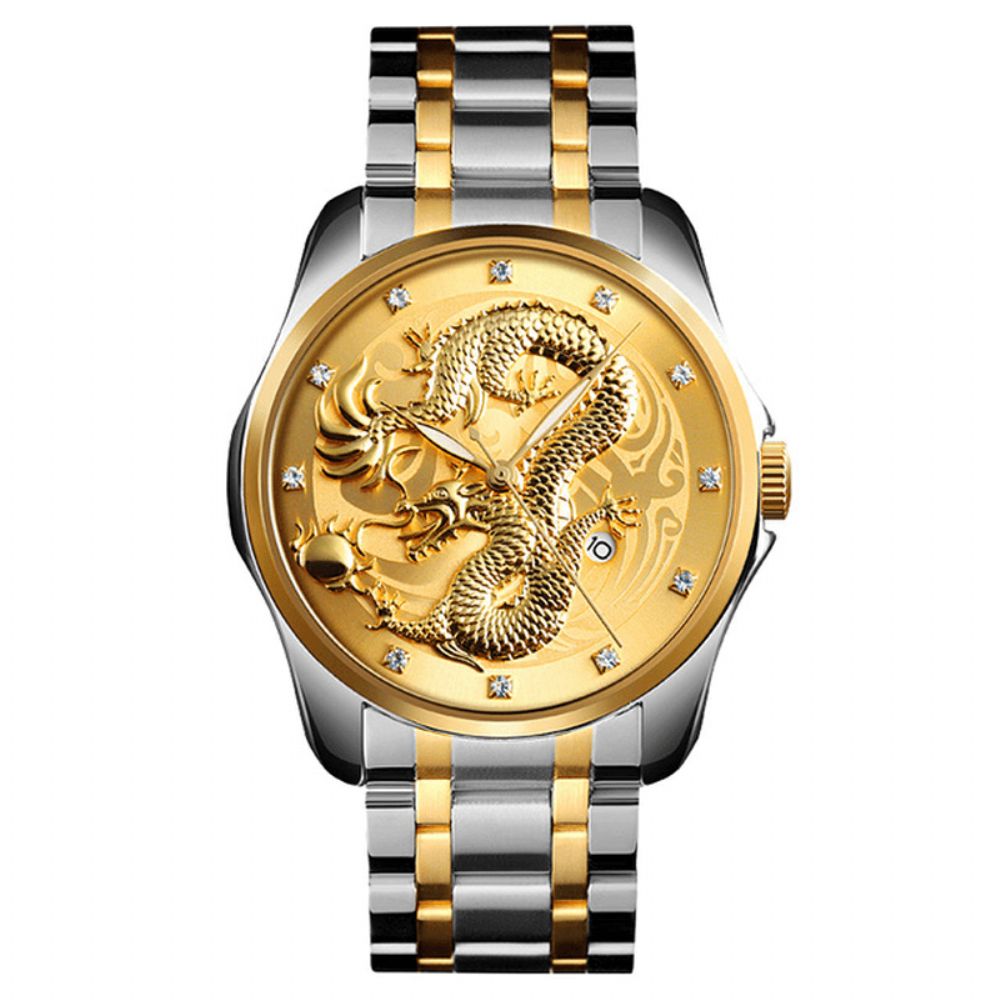 Skmei 9193 Luxe Chinese Draakpatroon Gouden Waterdicht Herenhorloge Kwartshorloge