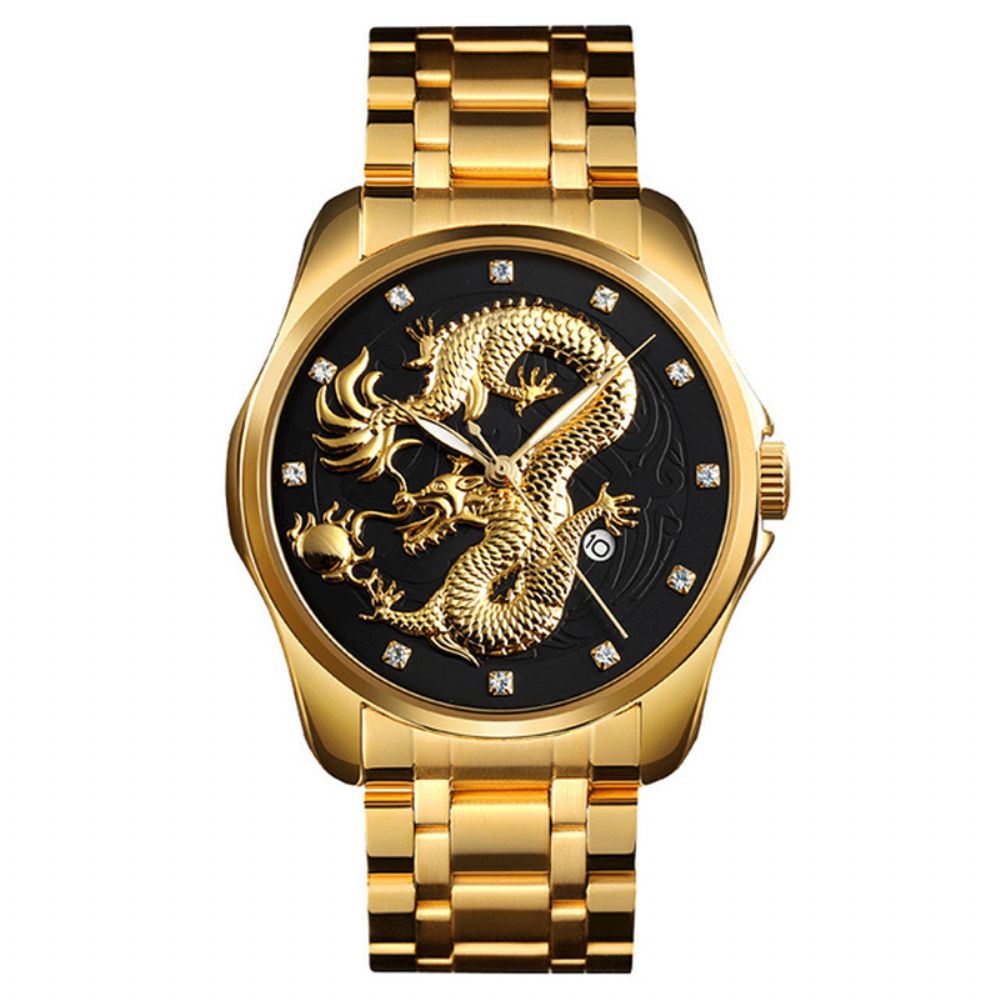 Skmei 9193 Luxe Chinese Draakpatroon Gouden Waterdicht Herenhorloge Kwartshorloge