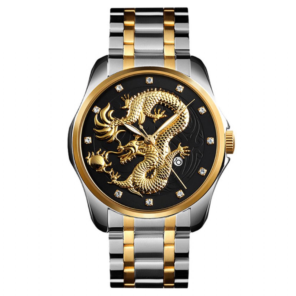 Skmei 9193 Luxe Chinese Draakpatroon Gouden Waterdicht Herenhorloge Kwartshorloge