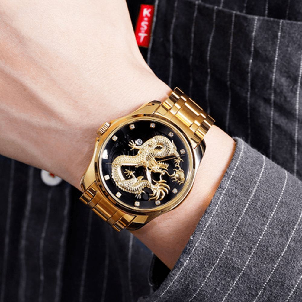 Skmei 9193 Luxe Chinese Draakpatroon Gouden Waterdicht Herenhorloge Kwartshorloge