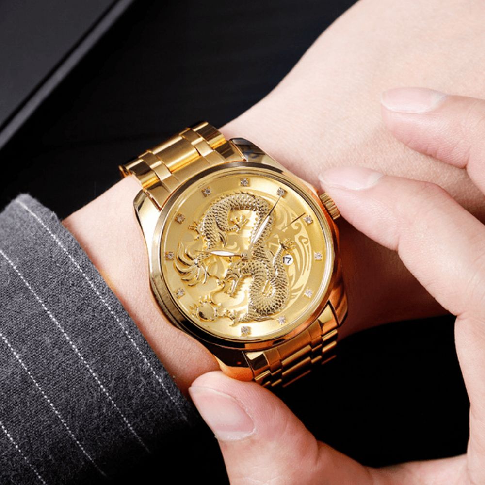 Skmei 9193 Luxe Chinese Draakpatroon Gouden Waterdicht Herenhorloge Kwartshorloge