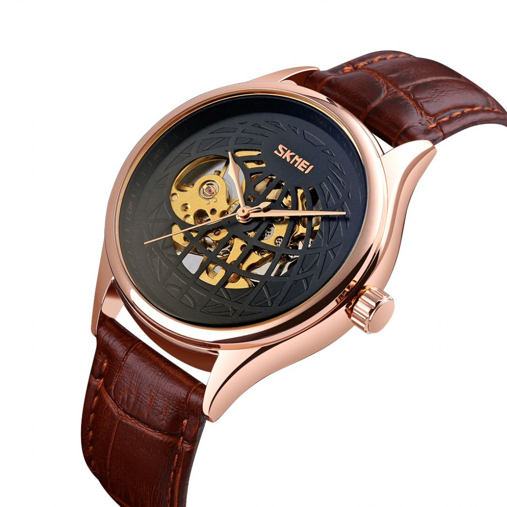 Skmei 9209 Luxe Stijl Heren Zakelijke Holle Wijzerplaat Lederen Band Mode Automatisch Mechanisch Horloge